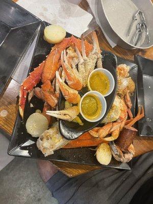 Overcooked crab platter. Seafood is in their name and they failed!!