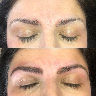 Before (top) and after (bottom) Brow Threading & Tinting