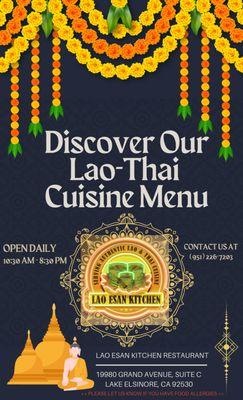 We invite you to explore our Lao-Thai cuisine menu, featuring a touch of familiar Asian fusion for both our returning and future patrons.