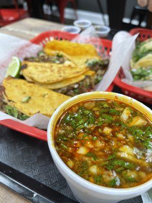 Birria queso tacos. Not good and overpriced. $15 for 3 tacos and broth.