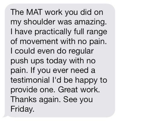 Text message testimonial from after a Muscle citation Techniques session,