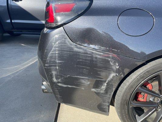 Before and after pictures of the hit and run damage. Bumper and mudflap were repaired/replaced and look fantastic. Really quality work.