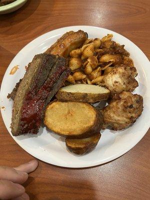 Fried potatoes, chili mac, bbq chicken thigh lollipops, baked country ribs, and incredible meatloaf!