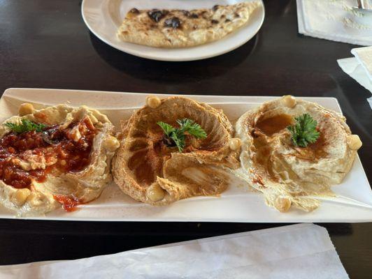 Hummus Sampler. We loved the standard hummus but the other two were a little spicy for our palates. Very good.