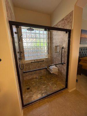 Acrylic shower with mosaic tile pan