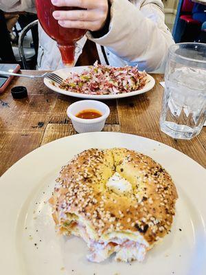 Lox bagel sandwich and corn beef hash