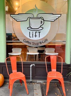 View of the front of the coffee shop from the sidewalk.