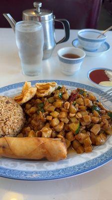 Kung Pao, egg rol, pork fried rice, and crab puffs lunch special