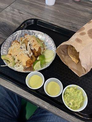 Fish Tacos and chips with guacamole