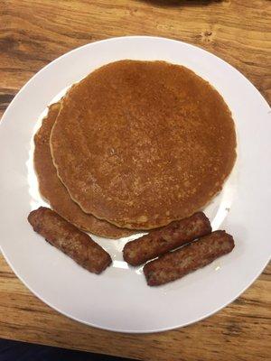 Great breakfast. Pancakes and sausages.