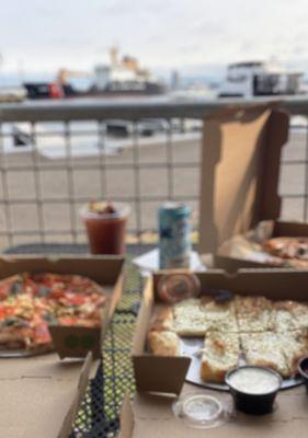 Cheesy garlic bread sticks with a view.