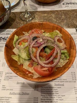 Fresh salad with house olive oil & vinegar dressing. Perfect!