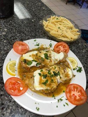 Eggplant sorrentini with fresh tomatoes and butter sauce penne