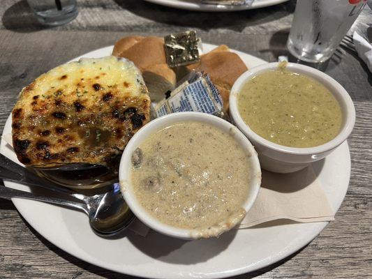 Soup sampler with French onion, cream of sausage and mushroom, and cheddar broccoli.