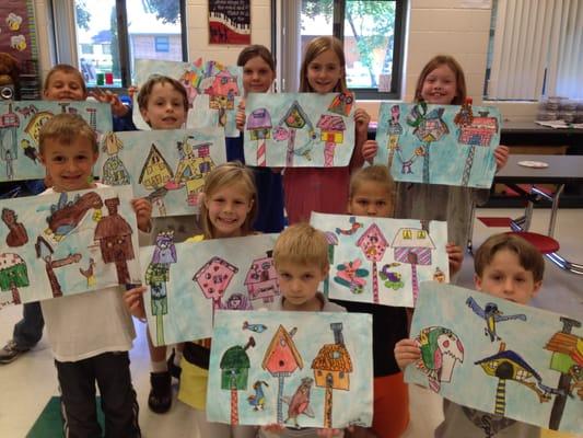 K-5th Grade class.  Multimedia project- watercolor birdhouses.