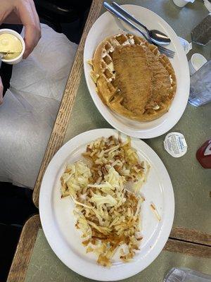 Chicken and Waffles with a side of Hash Browns