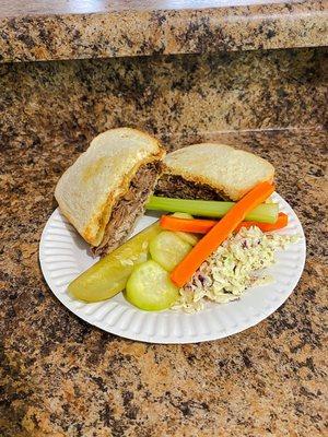 Yummy roast beef sandwich, fresh veggies, pickled cucumber & my fave...the coleslaw!