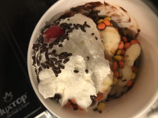 Reese's pieces sundae Please do better next time!!!! So depressing to get 1/2 a Reese's Pieces Sundae (large)