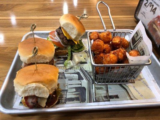 Trio Slider - your choice with side. This is an Our Burger and two Barbecue Burgers with Sweet Potato Tots.