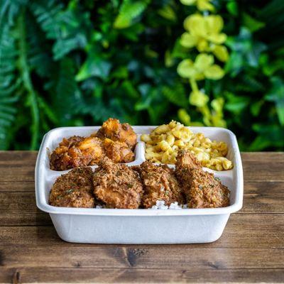 Fried Chicken, w/ Brown Rice 
 Mac 'N Cheese | Candied Yams