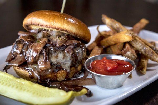 "STEAKHOUSE BURGER" wild mushroom, caramelized onions, cabernet sauce, swiss