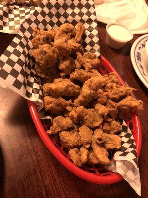 Fried Mushrooms, crawfish etouffee, and bayou crab cakes.