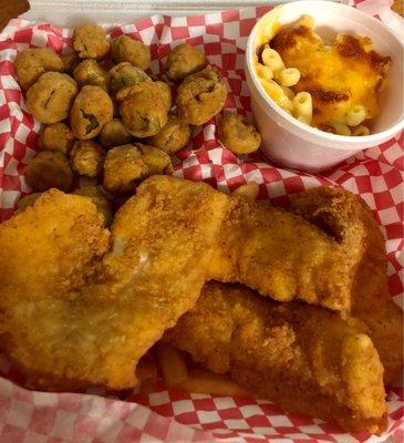 Their Friday 11.99 special-Flounder filets w/fries plus I chose fried okra and their scratch mac and cheese for my two sides.