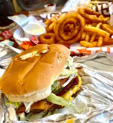 The bacon cheeseburger combo plus onion rings. It was OK, not like yesteryear.