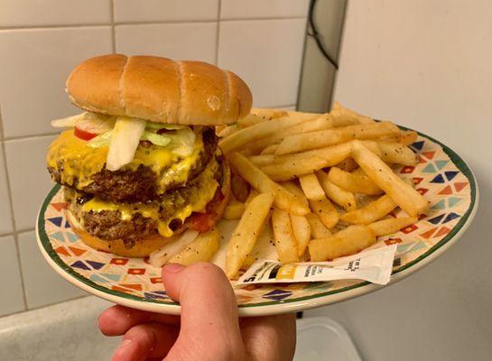 Double Bacon Cheeseburger and "small fry"