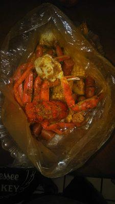 $40 Seafood Boil 3 snow crab clusters, 1 4oz lobster tail, 4 corn on the cob 6 small potatoes beef or turkey sausage in "SOUL SAUCE"