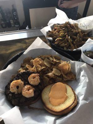 Surf and turf burger and cheddar bacon fries!