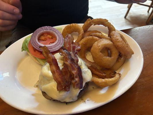 The Dewey Burger with onion rings.