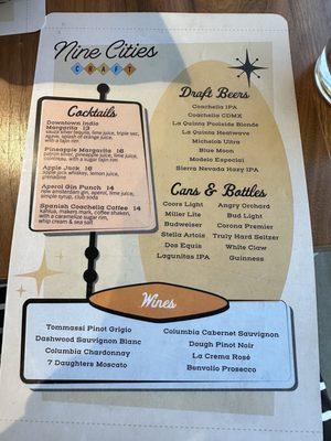 Nine Cities menu