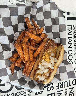 Detroit Coney with side of Sweet Potato Fries