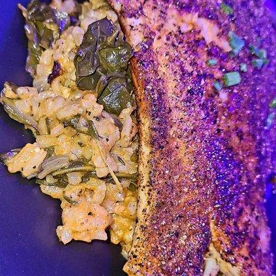 Blackened red fish and collard green risotto