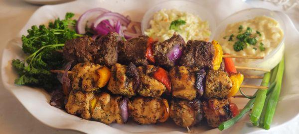 Grilled Beef and Chicken Kabob- skewered with fresh bell peppers and sweet red onions