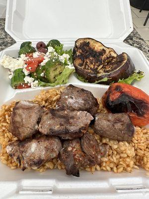 Lamb plate, eggplant, greek salad