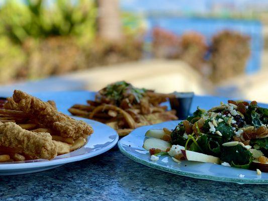 Chicken fingers, Garlic Fries and super food salad