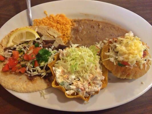 La Fogata plate: carne asada taco with handmade tortilla, tostada and sope