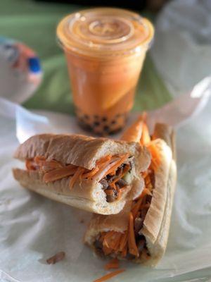 Caramelized pork Bun and Thai tea boba  IG: @ammysalamii