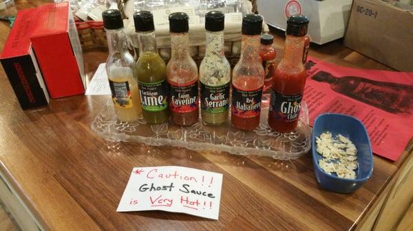 Hot sauce tasting station, this could be trouble!