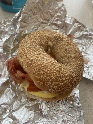 Bacon egg and cheese on sesame bagel