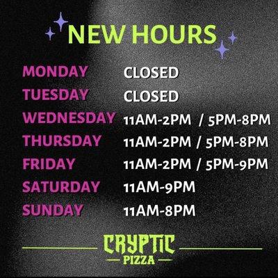 New Hours from their Facebook page