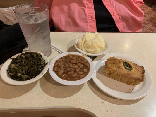 Pintos, turnip greens, mashed taters and jalapeño cornbread.