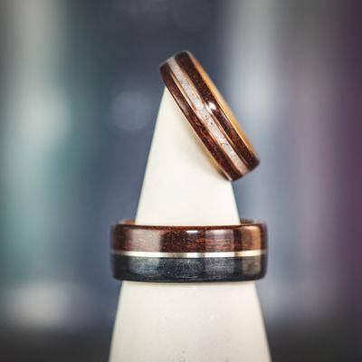 Custom wooden wedding band set for couples.