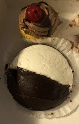 Black and white cookie and Boston cream cupcake.