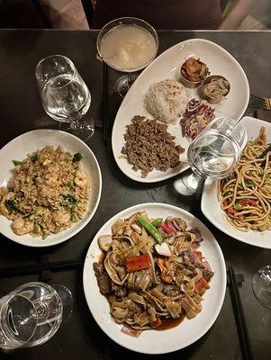 Shrimp Fried Rice (left), Drunken Noodles (bottom), Korean Beef Bulgogi (top), Vegan Garlic Noodles (right)