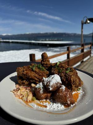 Friend Chicken & Beignets - fried chicken, ricotta beignets, coleslaw, spicy agave, powdered sugar