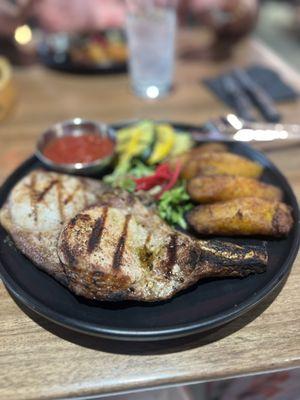 Peruvian Pork Chops Peruvian Pork Chops, grilled veggies and Plantains.