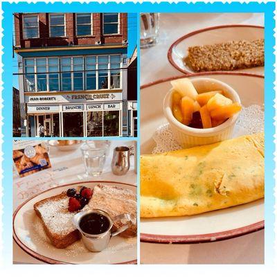 French Toast, omelette with fruit and Goetta